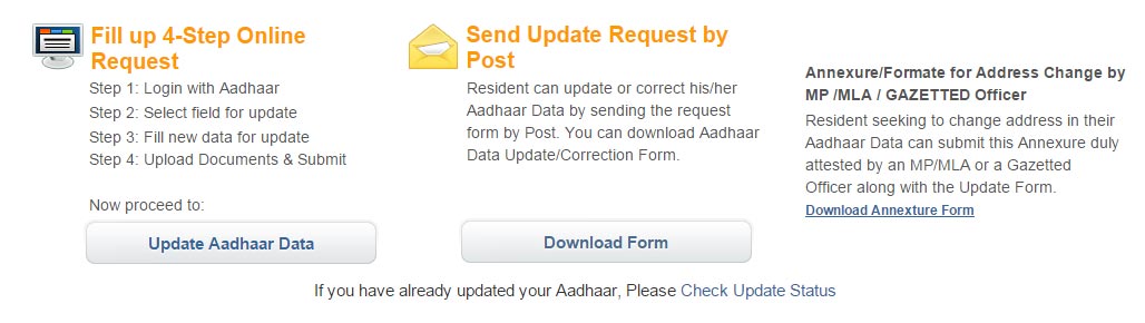 options for update aadhar card
